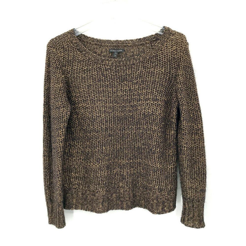 Eileen‎ Fisher Open Weave Sweater Sz XS Black Gold Metallic Alpaca Mohair Marled